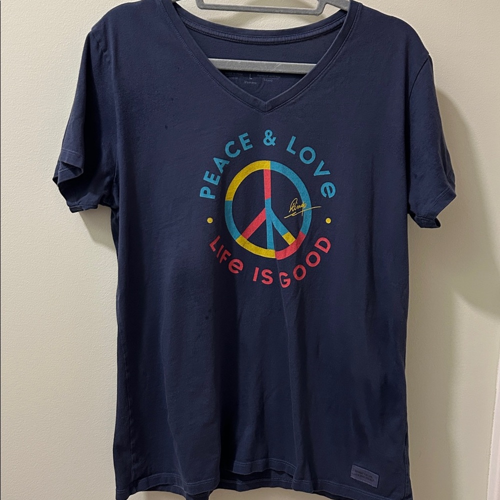 Life Is Good Womens Navy Peace & Love V neck Tee
(“Signed” by Ringo)